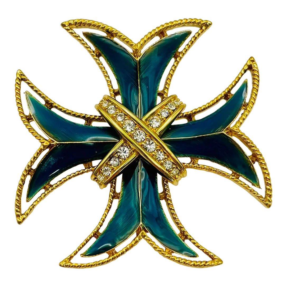 1980s Monet Rhinestone & Enamel Maltese Cross Brooch | Chairish