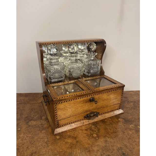 Antique Victorian Oak Marquetry Strung Tantalus, 1880, Set of 6 For Sale - Image 9 of 9