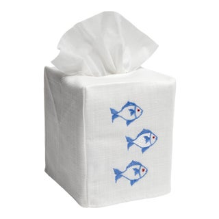 Blue School of Fish Tissue Box Cover in White Linen & Cotton, Embroidered For Sale