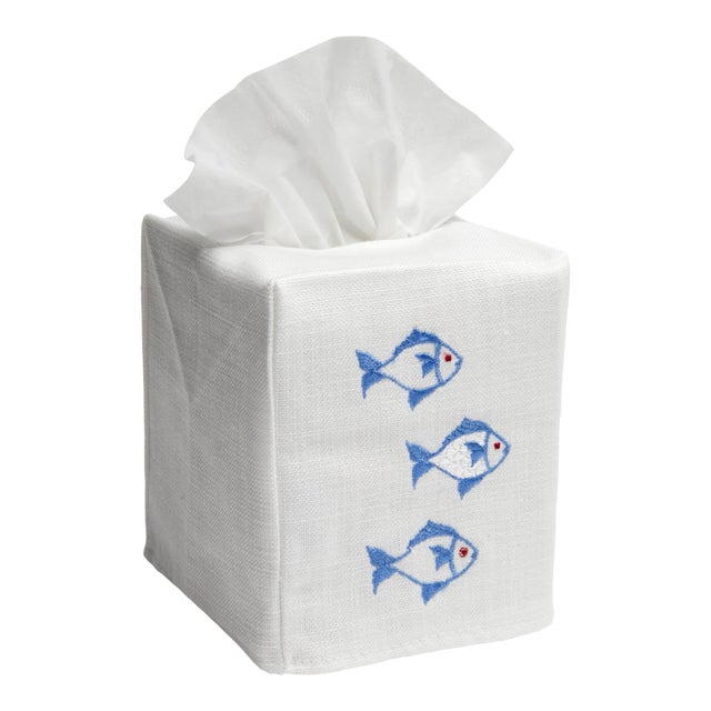 Blue School of Fish Tissue Box Cover in White Linen & Cotton, Embroidered For Sale