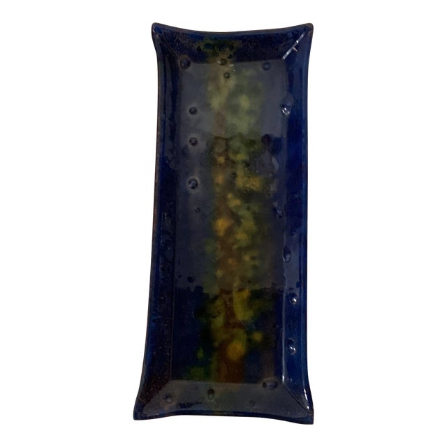 Early 21st Century Modern Handmade Blue Fused Glass Tray For Sale
