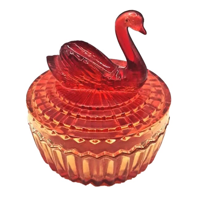 Vintage Jeannette Amberina Art Glass Swan Covered Powder Dish For Sale