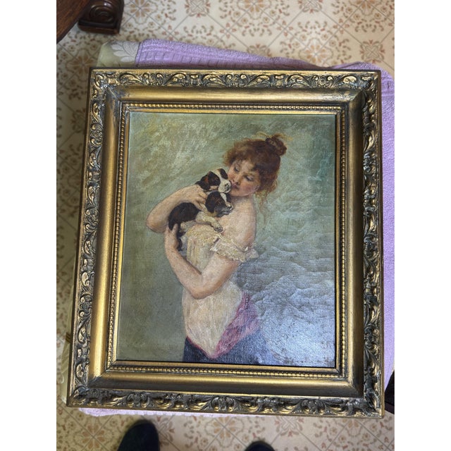 1900 - 1909 Antique Oil on Canvas “Young Woman With Puppeis” v. Tojetti 1900 For Sale - Image 5 of 7