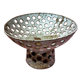 Ceramic Large Fruit Bowl Circle Cutouts Speckled Stoneware No. 01 For Sale
