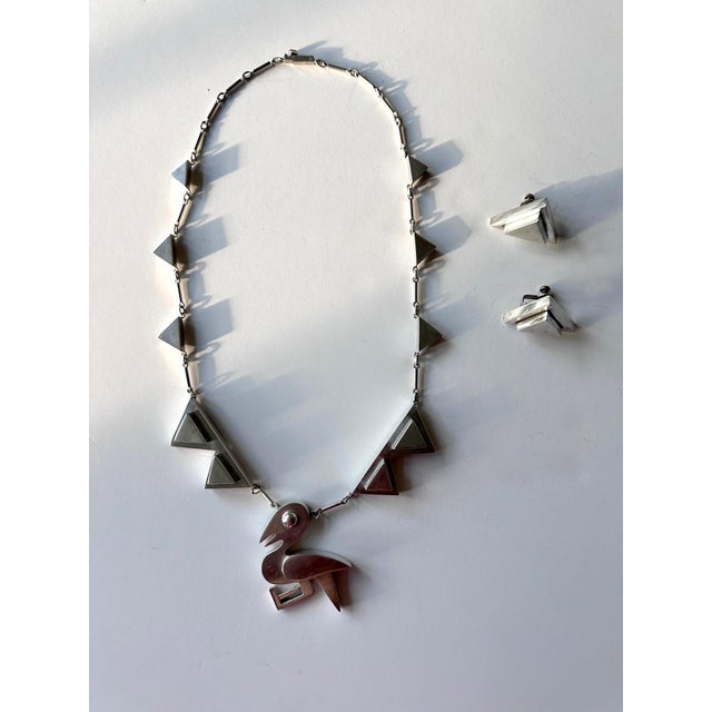 Gracie Modern Bird Motif Sterling Silver Necklace and Earrings Set Graziella Laffi For Sale - Image 4 of 14