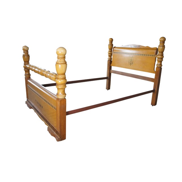 Vintage Late Art Deco Mahogany Waterfall Full Size Burl & Inlay 4 Poster Bed For Sale - Image 13 of 13