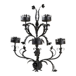 Mid-20th Century Gothic Wrought Iron 5-Light Wall Sconce With Coronet Cups For Sale