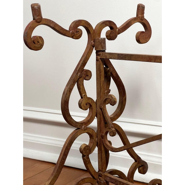 Regency Scroll Iron Bench, Coffee Table, Faux Leather Trompe-l'Oeil Top, 1960s For Sale - Image 11 of 13