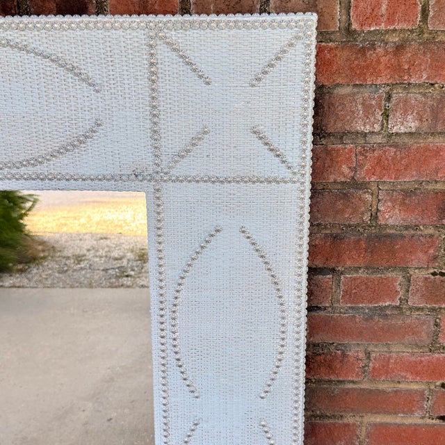 Sky Blue Late 20th Century Palm Beach Regency Light Blue Whicker Silver Studded Monumental Wall Mirror- Newly Painted For Sale - Image 8 of 12