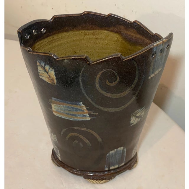 Tall Unique Vintage Handmade Signed Rs Glazed Brown Swirl Art Pottery Vase For Sale In New York - Image 6 of 14