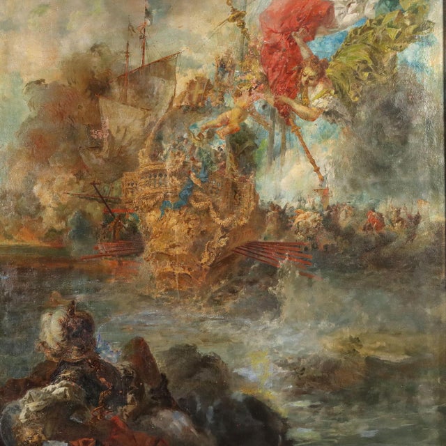 Naval Battle with Allegorical Figure, 19th Century, Oil Painting on Canvas, Framed For Sale - Image 3 of 15