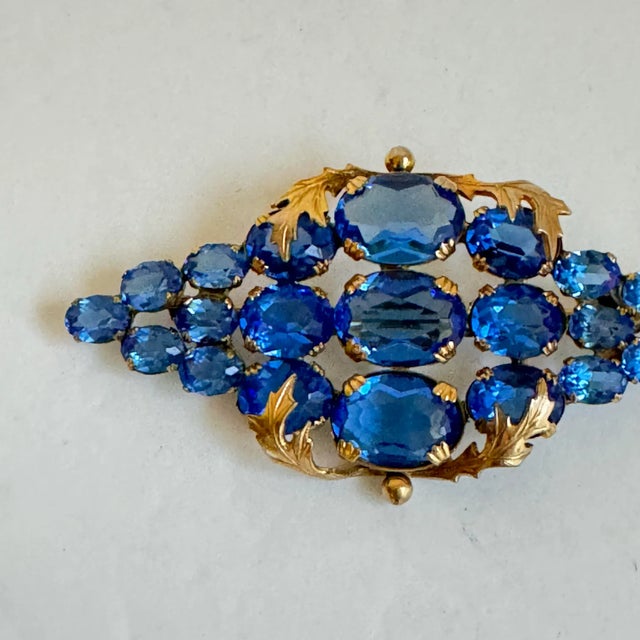 Vintage Blue Brooch Gold Plated Setting Czech Topaz Glass Austrian Crystal Pin Estate Piece For Sale - Image 4 of 11