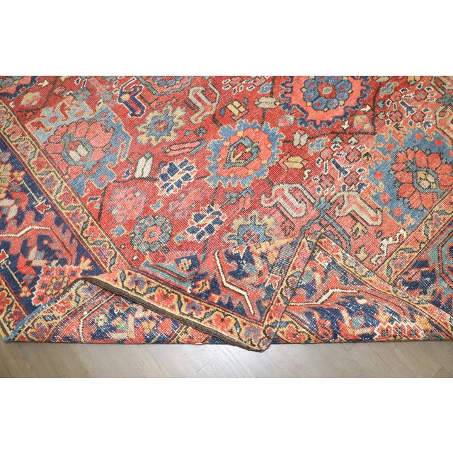 Textile Square Antique Persian Heriz rug no. j5327 For Sale - Image 7 of 9