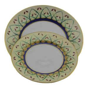 1991 Vintage/New Hand-Painted European Dinner & Dessert Plate, Reeds on Yellow Fond With Lappis Lazuly - Set of 2
