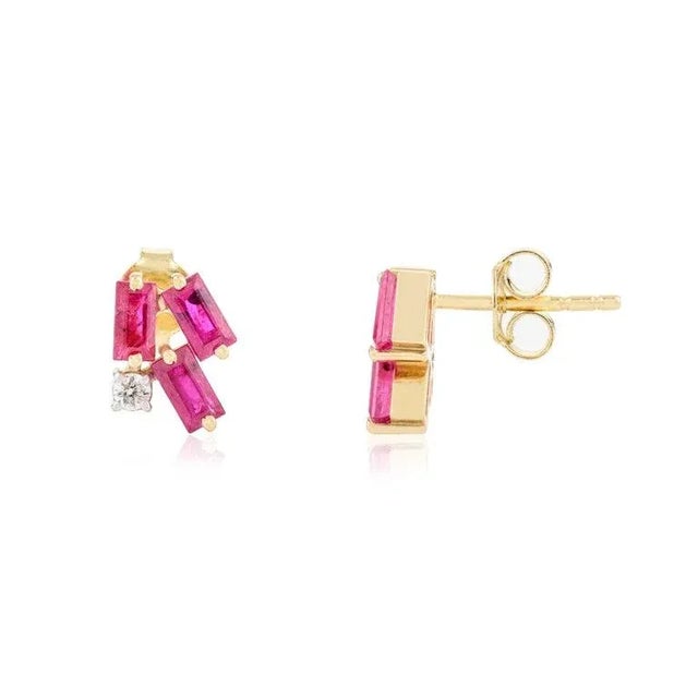 Baguette Ruby Cluster Stud Earrings With Diamond- a Pair For Sale - Image 6 of 10