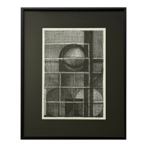 Vintage Postmodernist Minimalist Geometric Charcoal Sketch on Paper, Matted/Framed