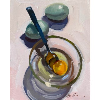 Three Egg Omelet by Samantha Buller | Oil on panel Still life of a bowl with an egg and spoon For Sale