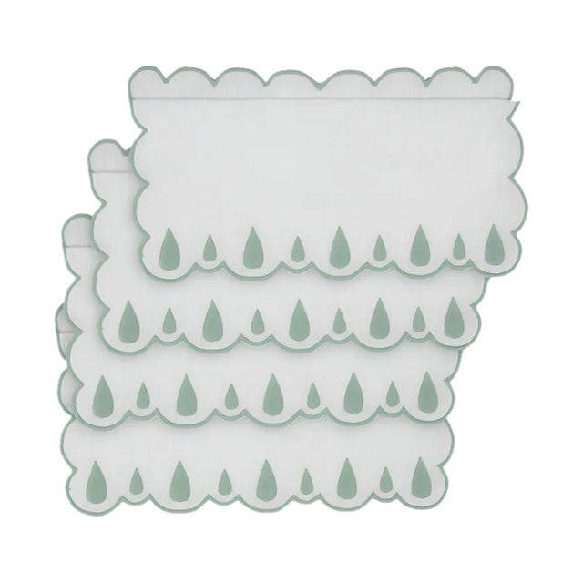 DROPS White/Reseda Linen Cocktail Napkins from Los Encajeros, Set of 4 For Sale