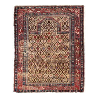 Early 20th Century Antique Shirvan Prayer Design Rug in Yellow Background and Geometric Borders For Sale