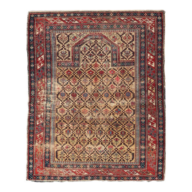 Early 20th Century Antique Shirvan Prayer Design Rug in Yellow Background and Geometric Borders For Sale