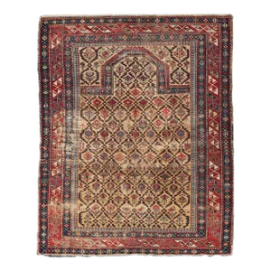 Early 20th Century Antique Shirvan Prayer Design Rug in Yellow Background and Geometric Borders