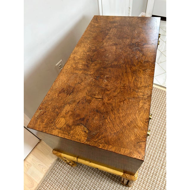 1970s Olive Burl Wood Chest of Drawers With Bamboo Base and Brass Pulls Chinoiserie For Sale - Image 4 of 12