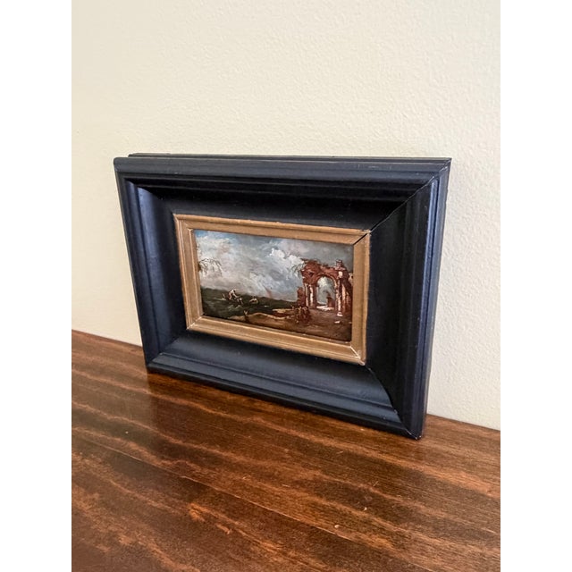 A gorgeous Neoclassical Grand Tour framed oil on board painting of an Italian Capriccio landscape view of a ruined temple...