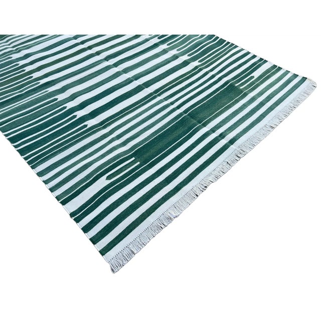 Not Yet Made - Made To Order Handmade Cotton Natural Vegetable Dyed Reversible Forest Green White Striped Rug Dhurrie - 8'x10' For Sale - Image 6 of 11
