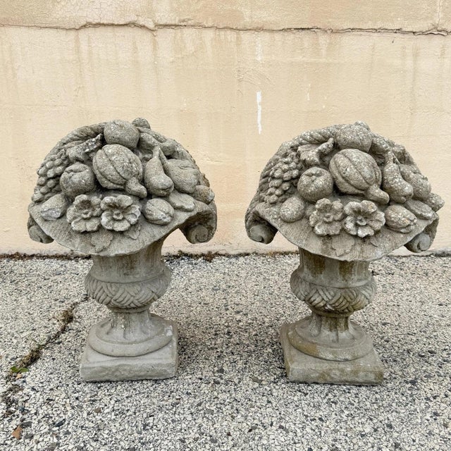 Vintage Cast Cement Stone 26" Fruit & Flower Basket Garden Lawn Ornament - Pair For Sale - Image 15 of 15