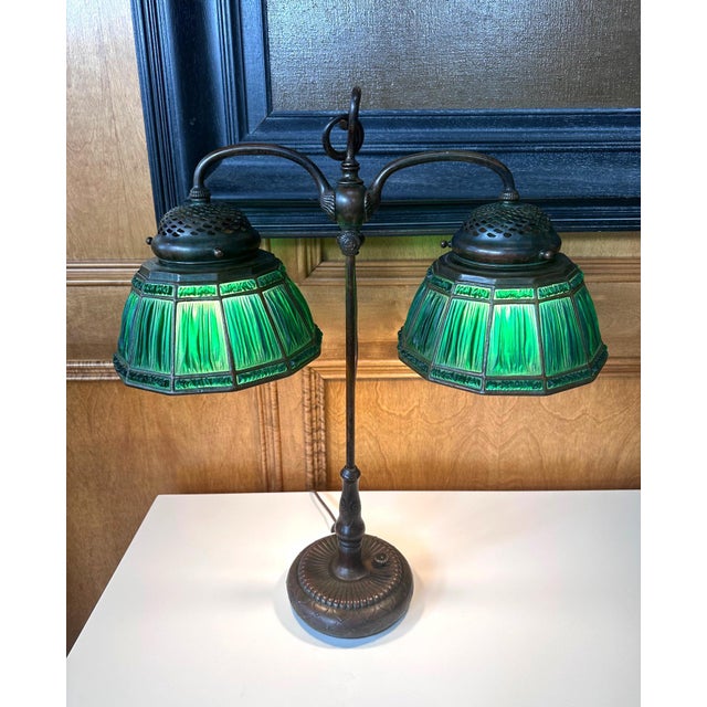 Rare Green Linenfold Double Student Table Lamp Tiffany Studio For Sale - Image 9 of 18