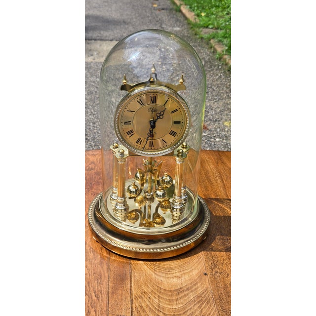 Bronze Vintage Elgin Anniversary Mantel Clock With Glass Dome, Brass Finish & Rotating Pendulum For Sale - Image 8 of 17