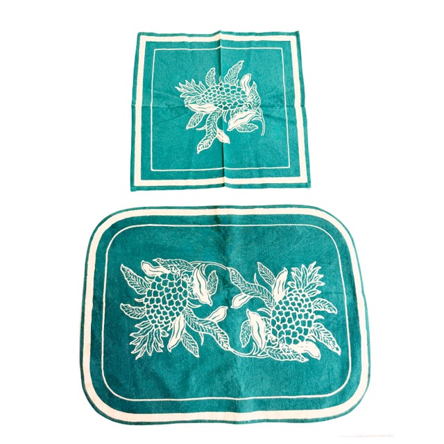 Mid-Century Modern Vintage Mid Century Batik Danar Hadi Teal Tiki Pineapple Placemat & Napkin Set - Set of 12 For Sale - Image 3 of 3