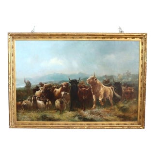 W. Watson, Herd of Cattle, Large Oil Painting on Board, 19th Century, Framed For Sale