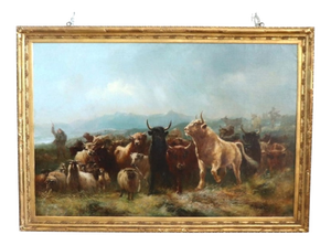 W. Watson, Herd of Cattle, Large Oil Painting on Board, 19th Century, Framed