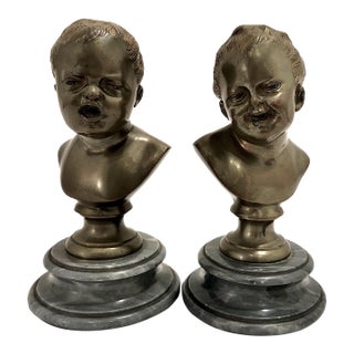 Pair of Late 19th-Century Bronze Busts After Jean-Antoine Houdon, “John Who Laughs, John Who Cries” For Sale