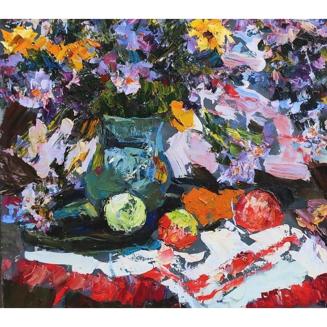 Original Still Life Oil Painting: Flowers and Food, Ukrainian Art 80-90 For Sale - Image 4 of 6