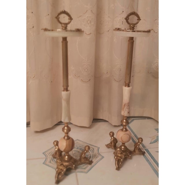 Metal Freestanding Figural Ashtray with Cherub Statues in Onyx Marble and Brass, 1960s, Set of 2 For Sale - Image 7 of 14