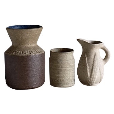 Danish Beige Stoneware Vase Set from Soholm, 1960s, Set of 3 For Sale