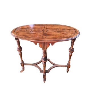 Antique Victorian Style Inlaid Oval Wooden Parlor Table With Turned Legs & Stretcher Base For Sale
