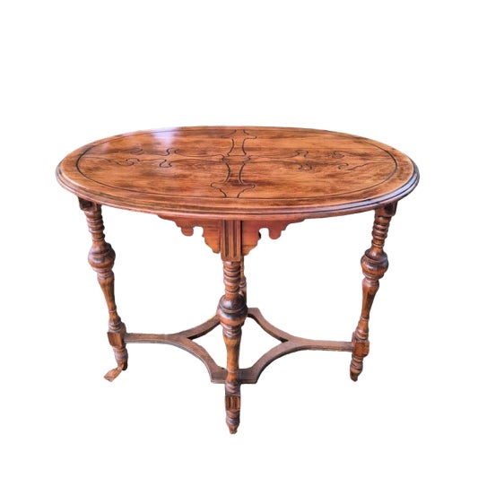 Antique Victorian Style Inlaid Oval Wooden Parlor Table With Turned Legs & Stretcher Base For Sale