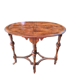Antique Victorian Style Inlaid Oval Wooden Parlor Table With Turned Legs & Stretcher Base