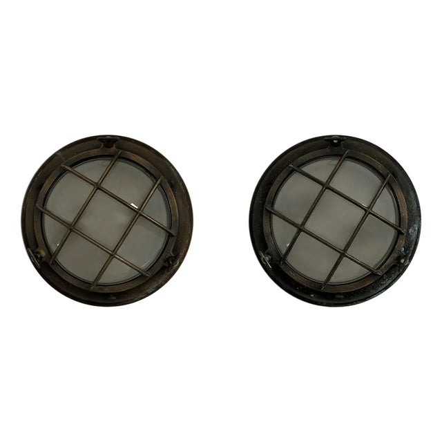 Vintage Industrial Military Maritime Bulkhead Wall Lights in Brass and Convex Glass, Set of 2 For Sale