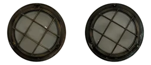 Vintage Industrial Military Maritime Bulkhead Wall Lights in Brass and Convex Glass, Set of 2