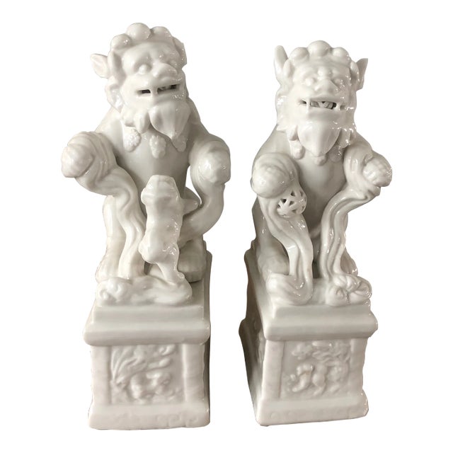 Mid-Century Vintage Blanc De Chine Ceramic Foo Dogs-Set of 2 For Sale