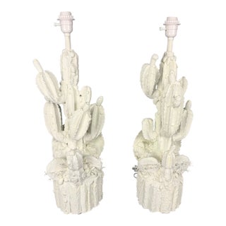 1990s Hand Carved Wood Cactus Lamps Finished in White Plaster - A Pair For Sale