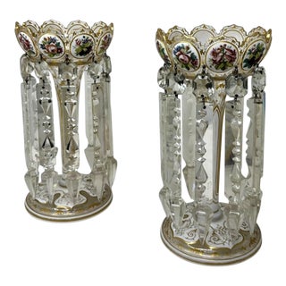 Antique Crystal Glass Bohemian Enamel Pair Overlaid Lusters Candlesticks 19thCt For Sale