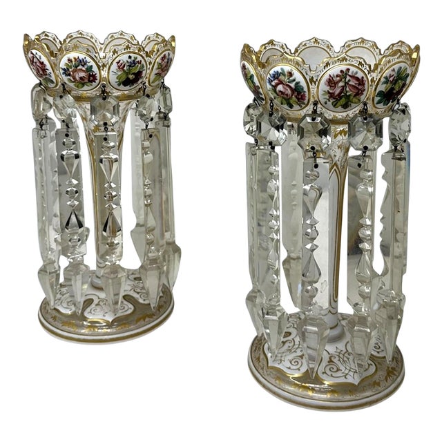 Antique Crystal Glass Bohemian Enamel Pair Overlaid Lusters Candlesticks 19thCt For Sale