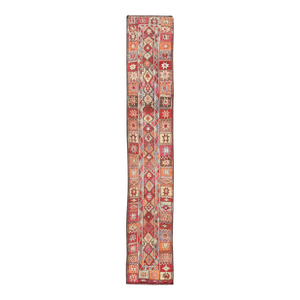 Multicolored Midcentury Turkish Kurdish Oushak Runner With Diamonds and Stars 2.8 X 15.6