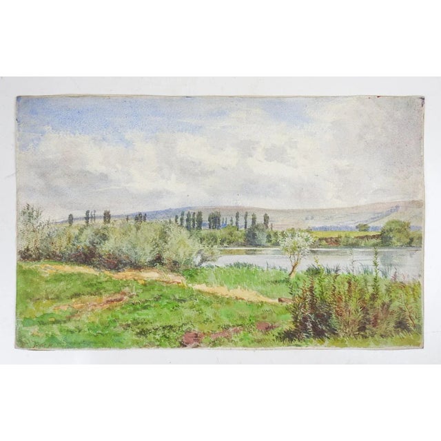 Rustic European 1890 French Plein Air Riverside Landscape Watercolor Painting For Sale - Image 3 of 3