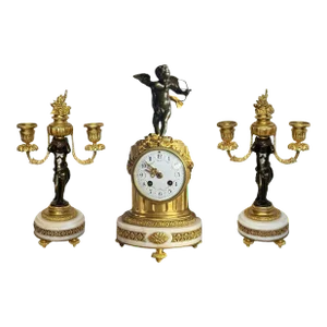 French 19th Century Clock & Candelabra Cherub Set - 3 Pieces